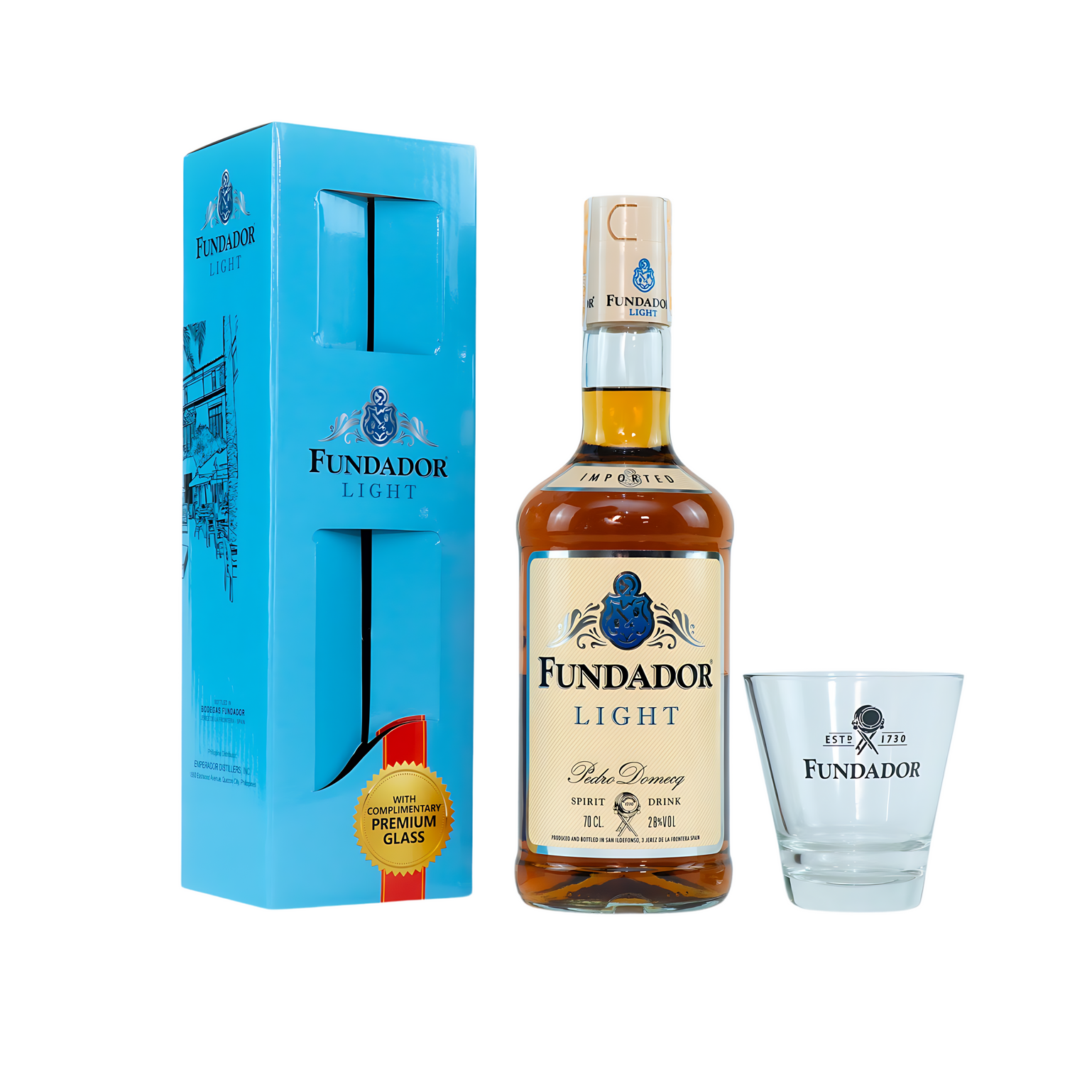 Fundador Light, 1L with Free Premium Shot Glass in Gift Carton Box